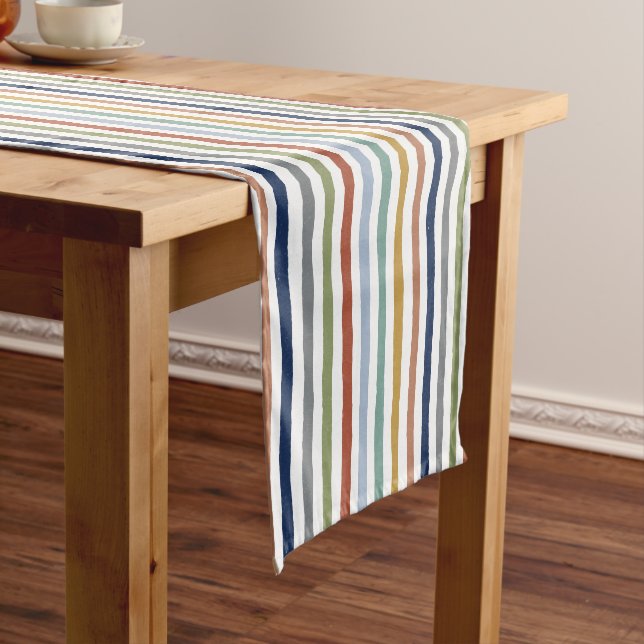 Impressionist-Inspired Colours Hand-Drawn Stripes Short Table Runner (In Situ)