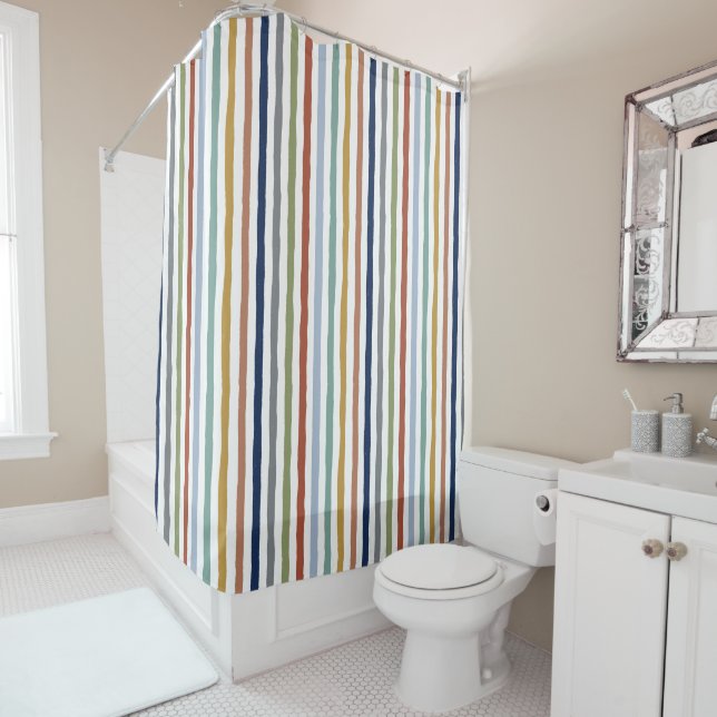 Impressionist-Inspired Colours Hand-Drawn Stripes Shower Curtain (In Situ)