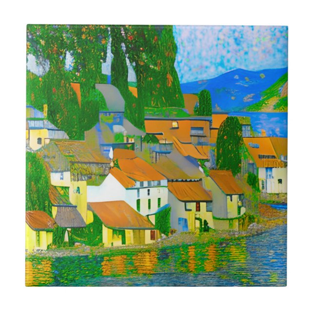 Impressionist  Mediterranean Village by the Sea  Tile (Front)