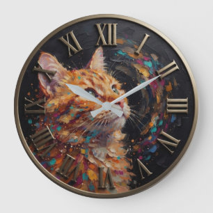 Impressionist Orange Tabby Cat Colorful Large Clock