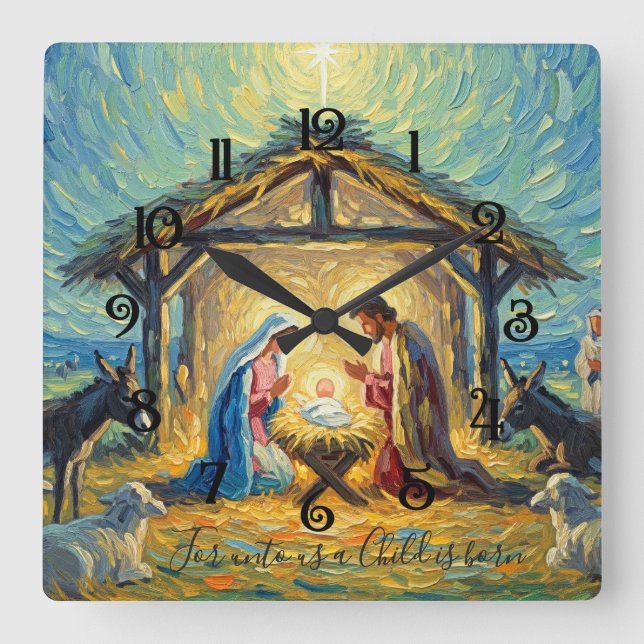 Impressionist Painting Nativity Scene Square Wall Clock (Front)