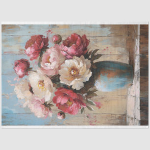Impressionist Pink Flowers Blue Vase Decoupage Tissue Paper