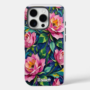 Impressionist Pink Roses on Blue iPhone 16 Pro Case