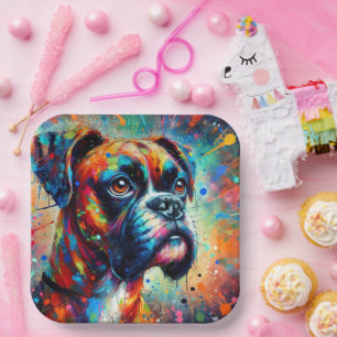 Impressionist Pop Art Boxer Dog Organization Paper Plate