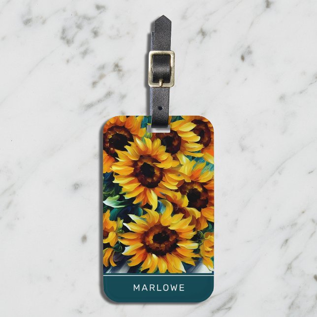 Impressionist Rustic Sunflowers Personalised Name Luggage Tag (Creator Uploaded)
