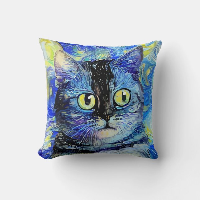 Impressionist Starry Night Tabby Cat Portrait Cushion (Front)
