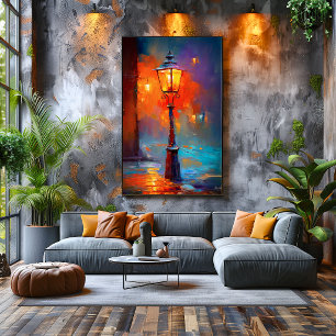 Impressionist Street Lamp Night City Painting Poster