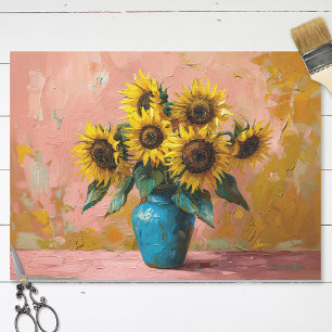 Impressionist Sunflowers in a Blue Vase Decoupage Tissue Paper