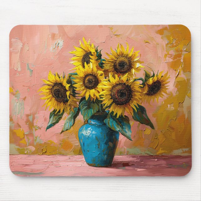 Impressionist Sunflowers in a Blue Vase Mouse Pad (Front)