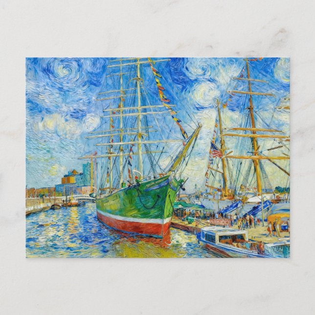 Impressionist Tall Ship in Hamburg Harbor with Ref Postcard (Front)