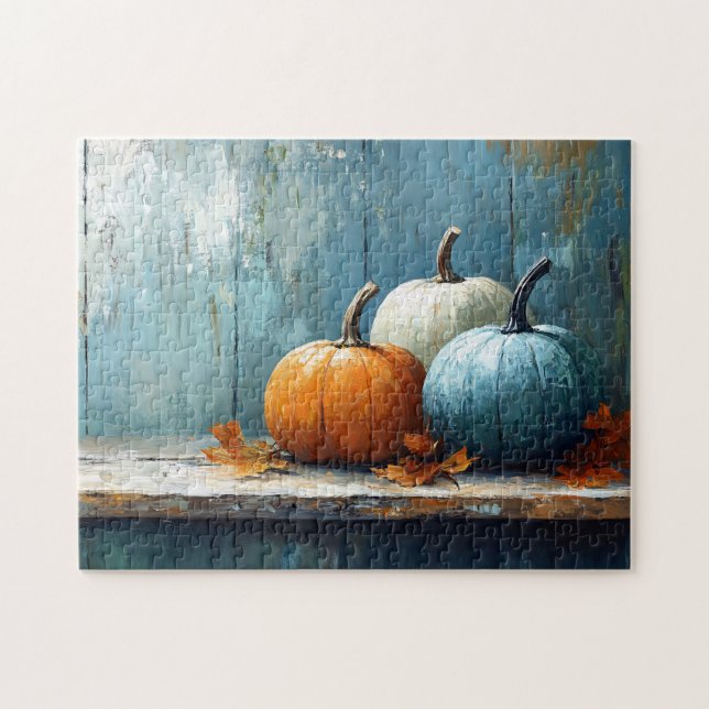 Impressionist Trio of Pumpkins on Rustic Wood Jigsaw Puzzle (Horizontal)