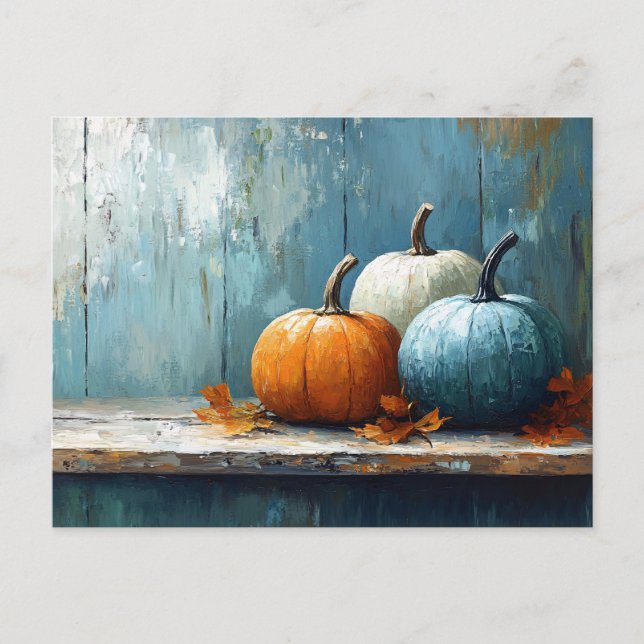 Impressionist Trio of Pumpkins on Rustic Wood Postcard (Front)