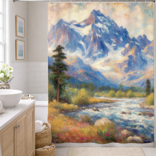 Impressionist Valley Mountain Trees Stream Shower Curtain