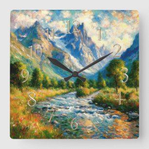 Impressionist Valley Mountain Trees Stream Square Wall Clock