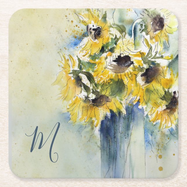 Impressionist Watercolor Sunflowers with Monogram Square Paper Coaster (Front)