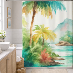 Impressionist Watercolor Tropical Island Scene Shower Curtain