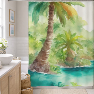 Impressionist Watercolor Tropical Island Scene Shower Curtain