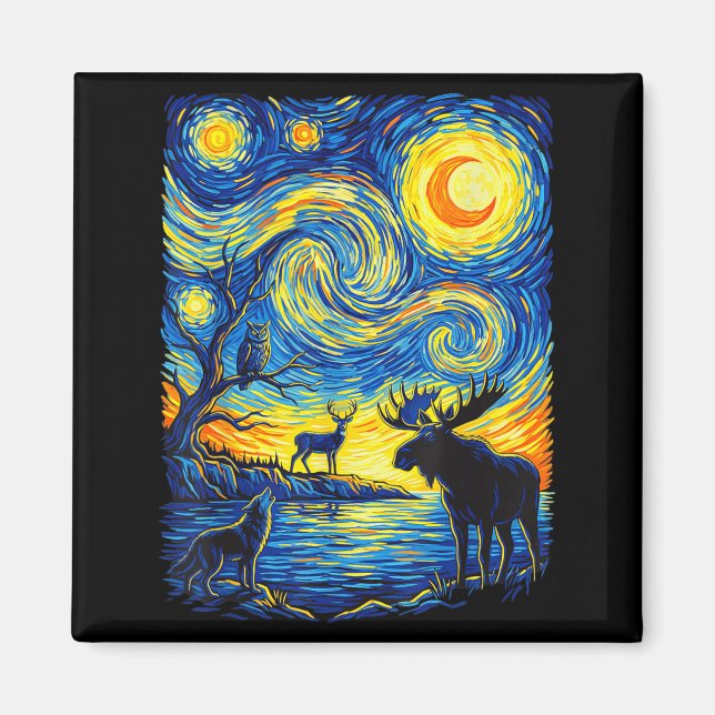 Impressionist Wildlife Nature Moose Wolf Owl Art Magnet (Front)