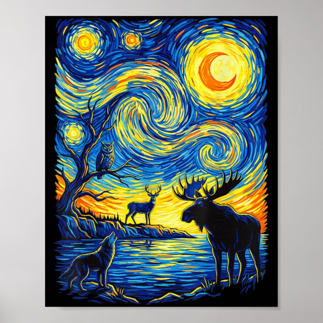 Impressionist Wildlife Nature Moose Wolf Owl Art Poster (Front)