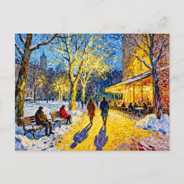 Impressionist Winter City Park Scene with Restaura Postcard (Front)