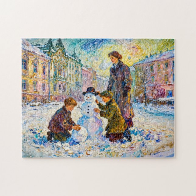 Impressionist Winter Square Scene with Children Sn Jigsaw Puzzle (Horizontal)