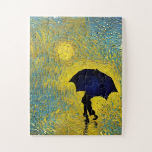 Impressionist Yellow Oil Painting of Blue Umbrella Jigsaw Puzzle
