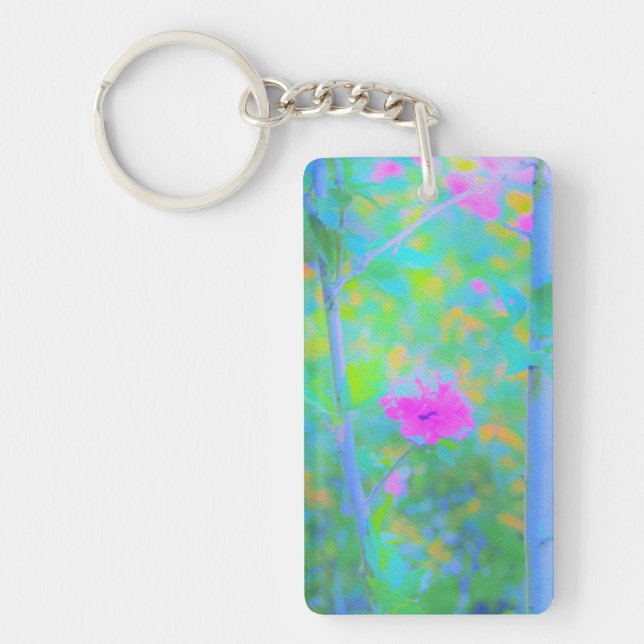 Impressionistic Blue Landscape with Pink Flower Key Ring (Front)
