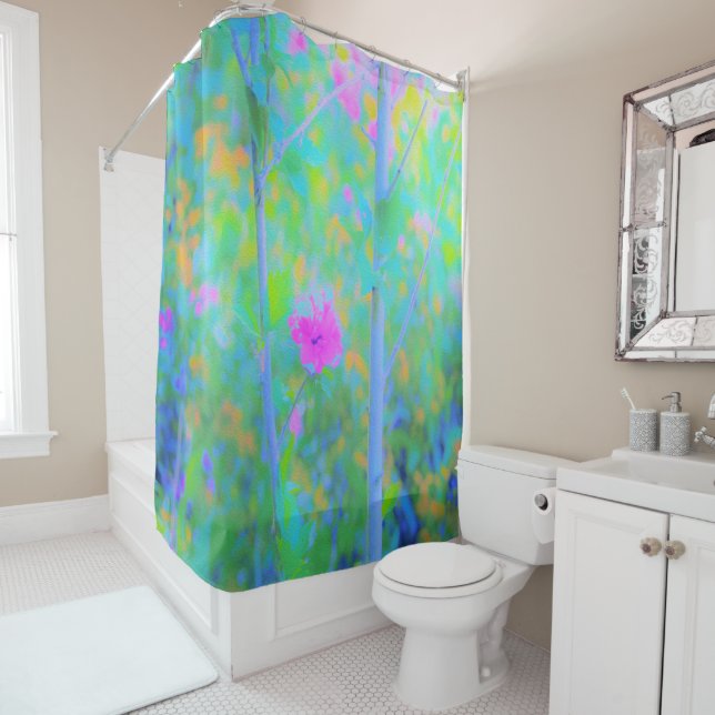 Impressionistic Blue Landscape with Pink Flower Shower Curtain (In Situ)