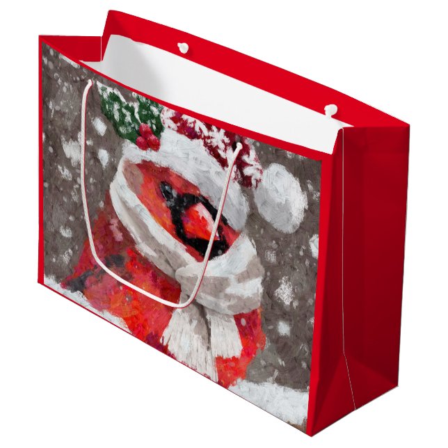 Impressionistic Cardinal Bird Scarf & Hat in Snow Large Gift Bag (Front Angled)