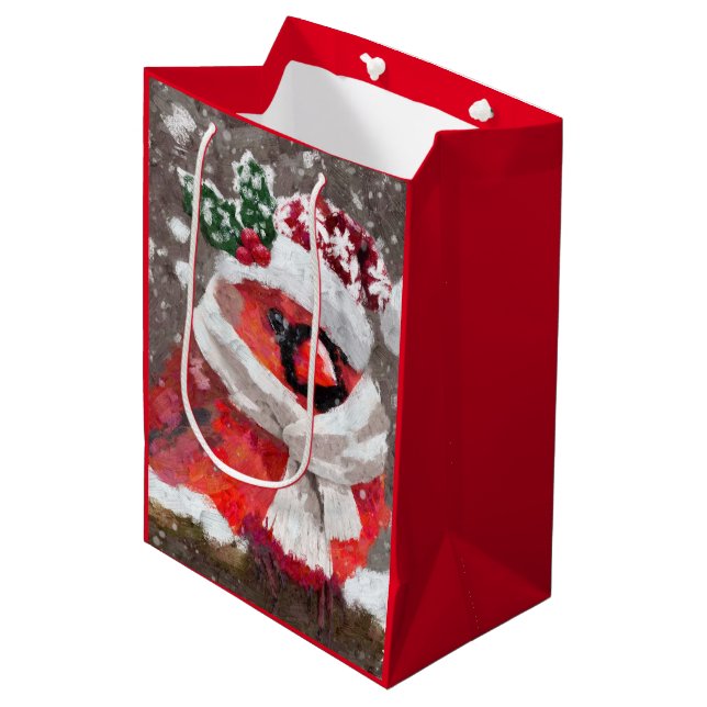 Impressionistic Cardinal Bird Scarf & Hat in Snow Medium Gift Bag (Front Angled)