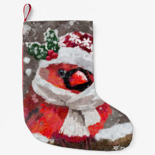 Impressionistic Cardinal Bird Scarf & Hat in Snow Small Christmas Stocking