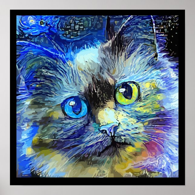 Impressionistic Cat Portrait Blue Yellow Black  Poster (Front)