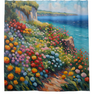 “Impressionistic Cliffside Flowers Overlooking Sea Shower Curtain