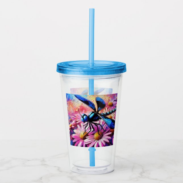 Impressionistic Dragonfly On Pink Daisies Floral Acrylic Tumbler (Front)
