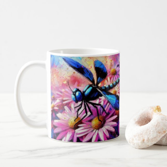 Impressionistic Dragonfly On Pink Daisies Floral Coffee Mug (With Donut)