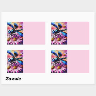 Impressionistic Dragonfly On Pink Daisies Floral Rectangular Sticker