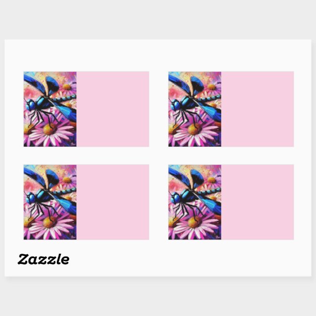 Impressionistic Dragonfly On Pink Daisies Floral Rectangular Sticker (Sheet)