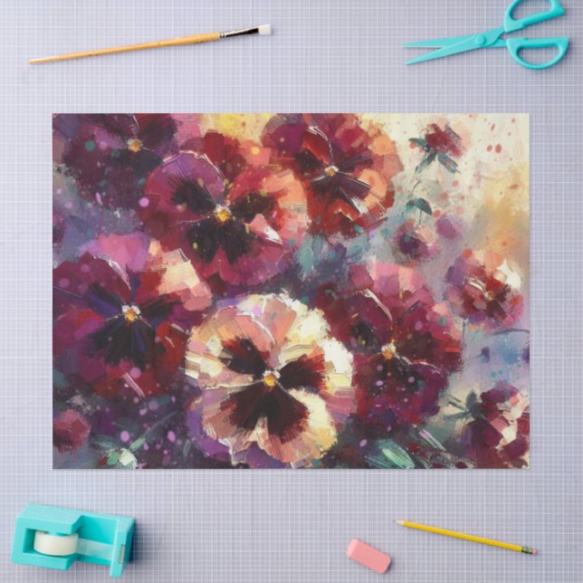Impressionistic Maroon Pansies Floral Decoupage Tissue Paper (Craft)