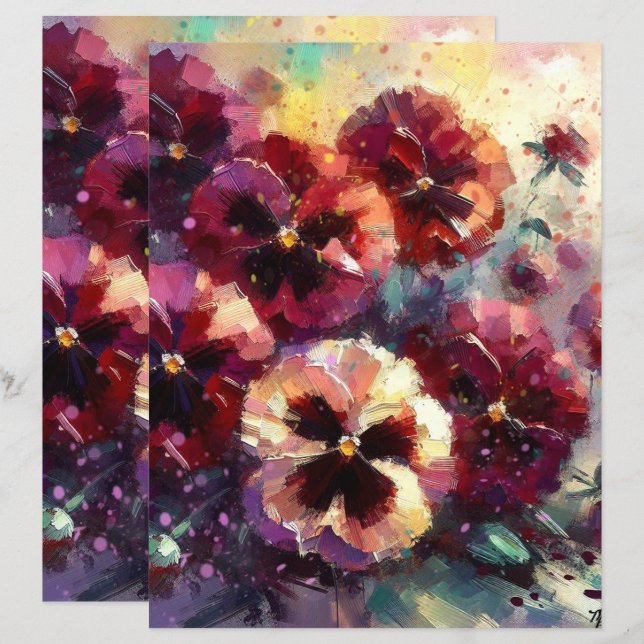 Impressionistic Maroon Pansies Floral Painting (Front/Back)