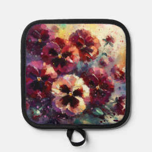 Impressionistic Maroon Pansies Floral Painting Pot Holder