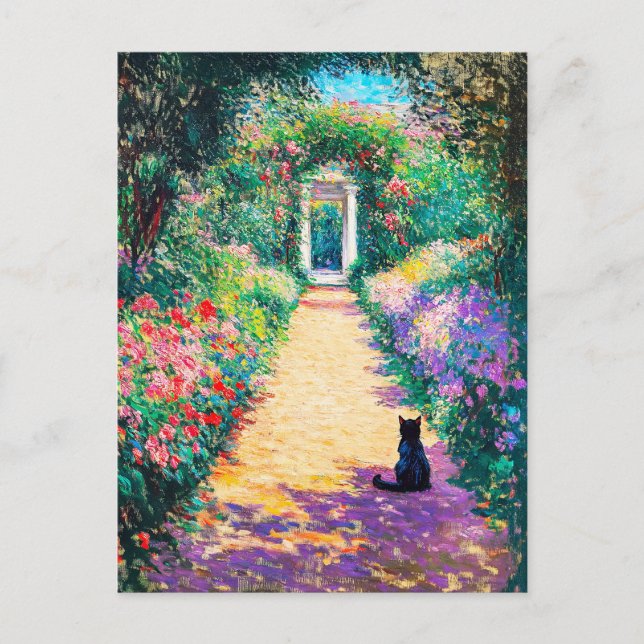 Impressionistic Oil Painting of Cat on Flower-Line Postcard (Front)