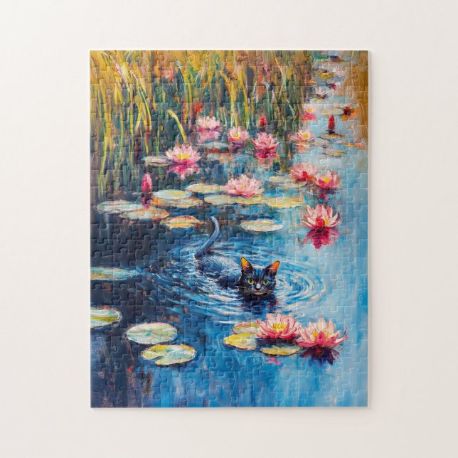 Impressionistic Painting of Black Cat in Lily pond Jigsaw Puzzle (Vertical)