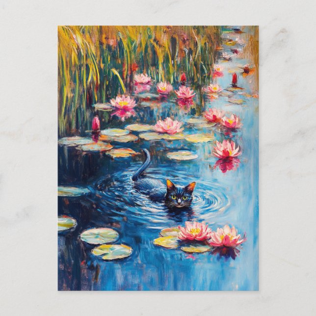 Impressionistic Painting of Black Cat in Lily pond Postcard (Front)