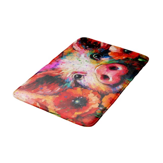 Impressionistic Pig in Red Poppy Flowers Bath Mat (Angled)
