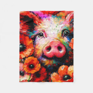 Impressionistic Pig in Red Poppy Flowers Fleece Blanket