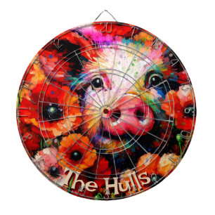 Impressionistic Pig Red Poppy Flowers Personalised Dartboard