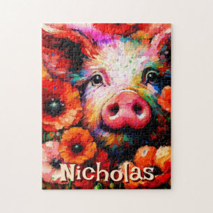 Impressionistic Pig Red Poppy Flowers Personalised Jigsaw Puzzle