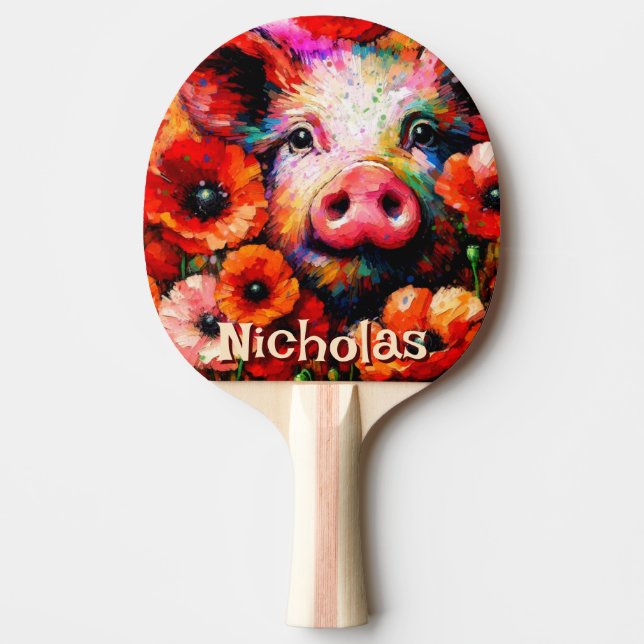Impressionistic Pig Red Poppy Flowers Personalised Ping Pong Paddle (Front)
