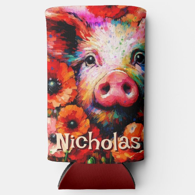 Impressionistic Pig Red Poppy Flowers Personalised Seltzer Can Cooler (Front)
