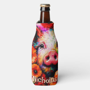 Impressionistic Pig Red Poppy Flowers Personalized Bottle Cooler
